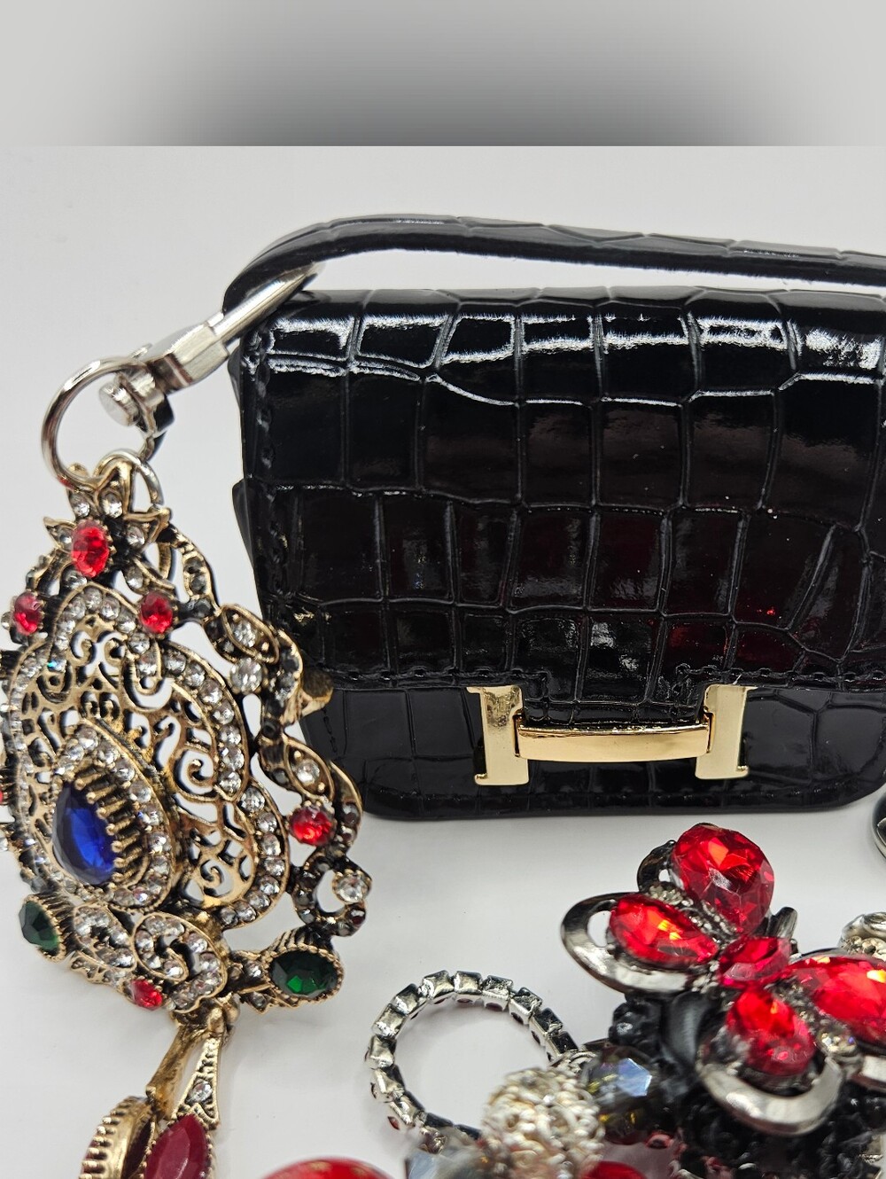 Black Patent Croc Mini Bag with Gold H Hardware With Chain And Charm
